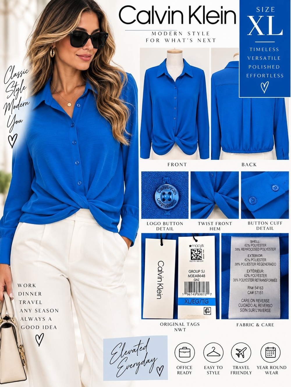 Calvin Klein Women's Twist-Front Button Shirt - Royal Blue (XL)
